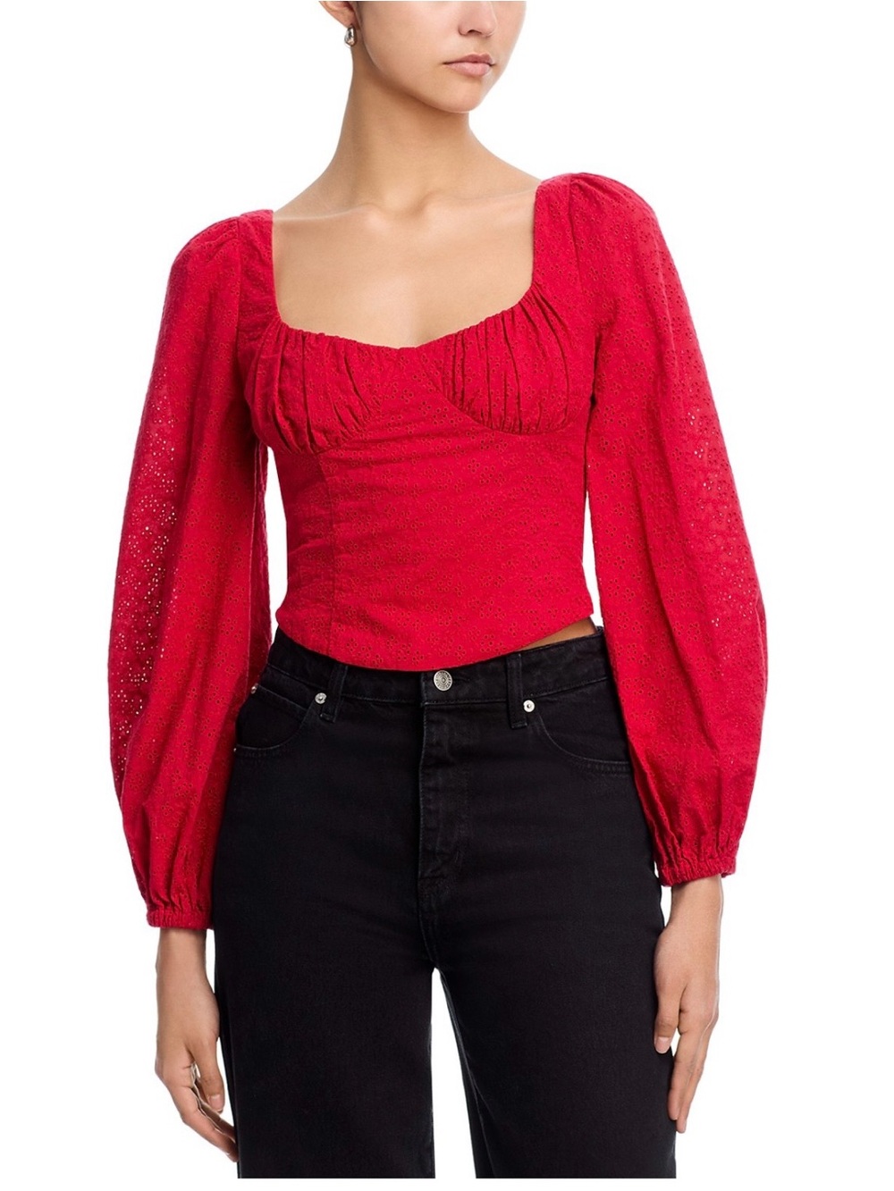 Aqua Red Square-Neck Puff-Sleeve Blouse